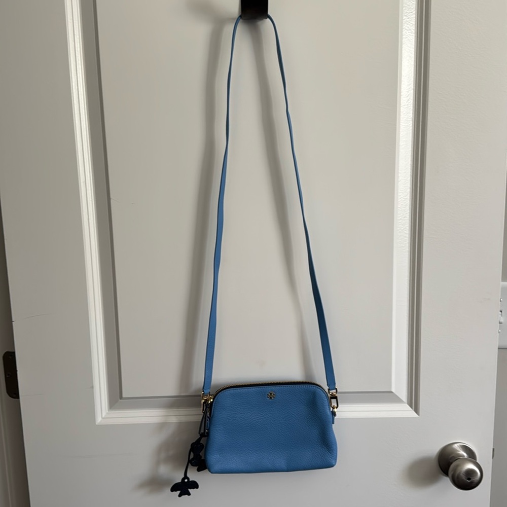 Tory Burch Pebbled Leather Crossbody Bag.  Light Blue.